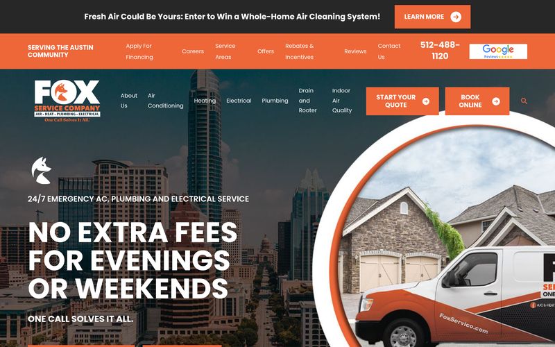 Fox Service Company homepage, a polished managed-platform HVAC website with prominent phone number, multiple booking CTAs, and Google Reviews badge above the fold