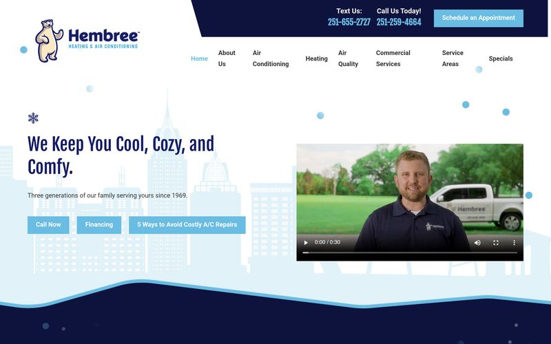 Hembree Heating and Air Conditioning homepage with friendly mascot branding, three generations messaging, and a video introduction from the owner