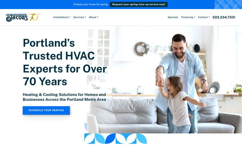 Jacobs Heating and Air Conditioning homepage celebrating 70 years in business with a warm family lifestyle photo and a single clear schedule-your-service CTA