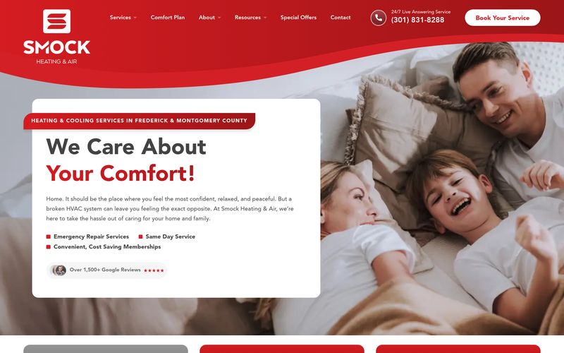 Smock Heating and Air homepage with a warm family photo, bold value statement, and clear service offers, a strong example of a family-owned HVAC site with personality