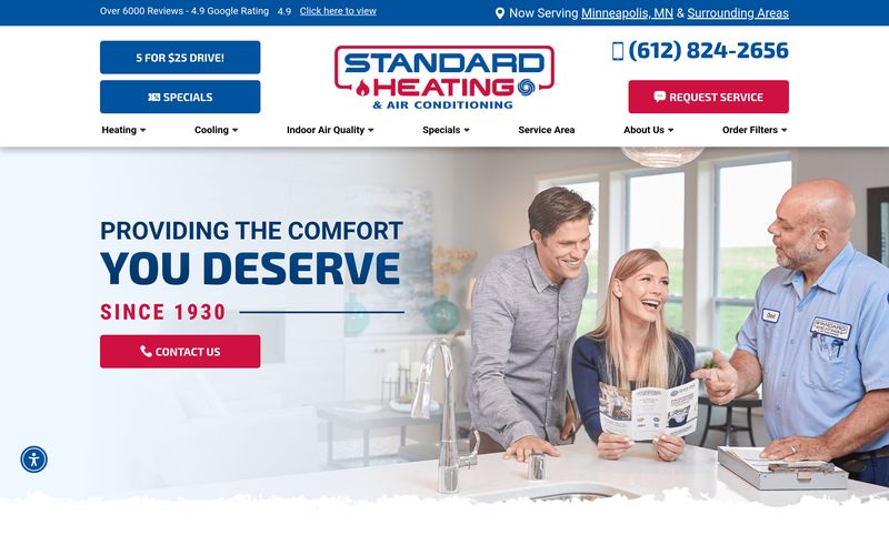 Standard Heating and Air Conditioning homepage, a strong example of a mid-sized regional HVAC custom-built website with prominent phone number, reviews, and clear navigation