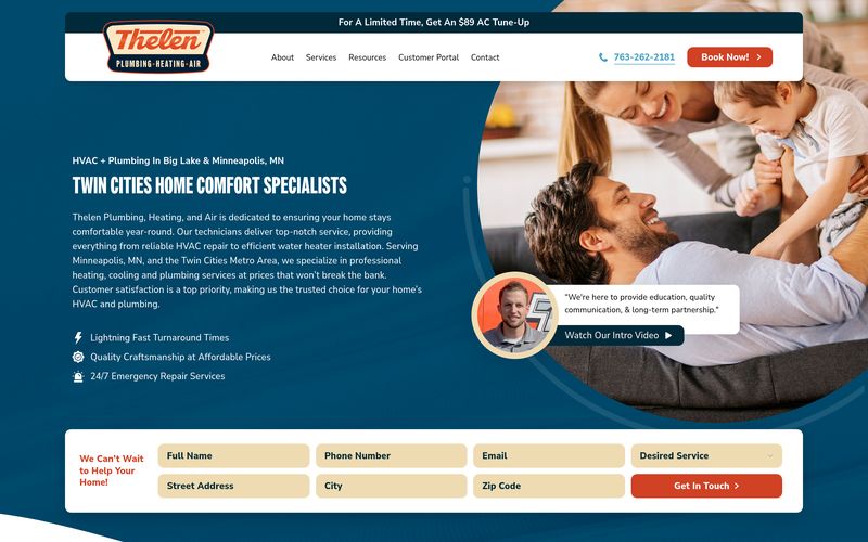 Thelen Plumbing Heating and Air homepage with Twin Cities messaging, a multi-field lead form across the bottom, and a Book Now CTA in the navigation